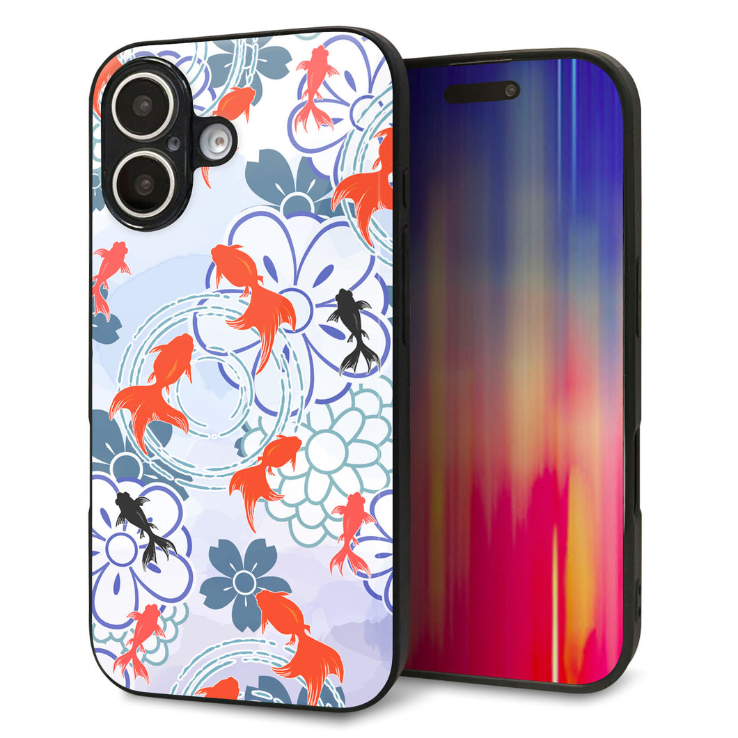 iPhone16 強化ガラス＆TPUスマホケース ガラプリ【HA215 金魚 花柄 ブルー】