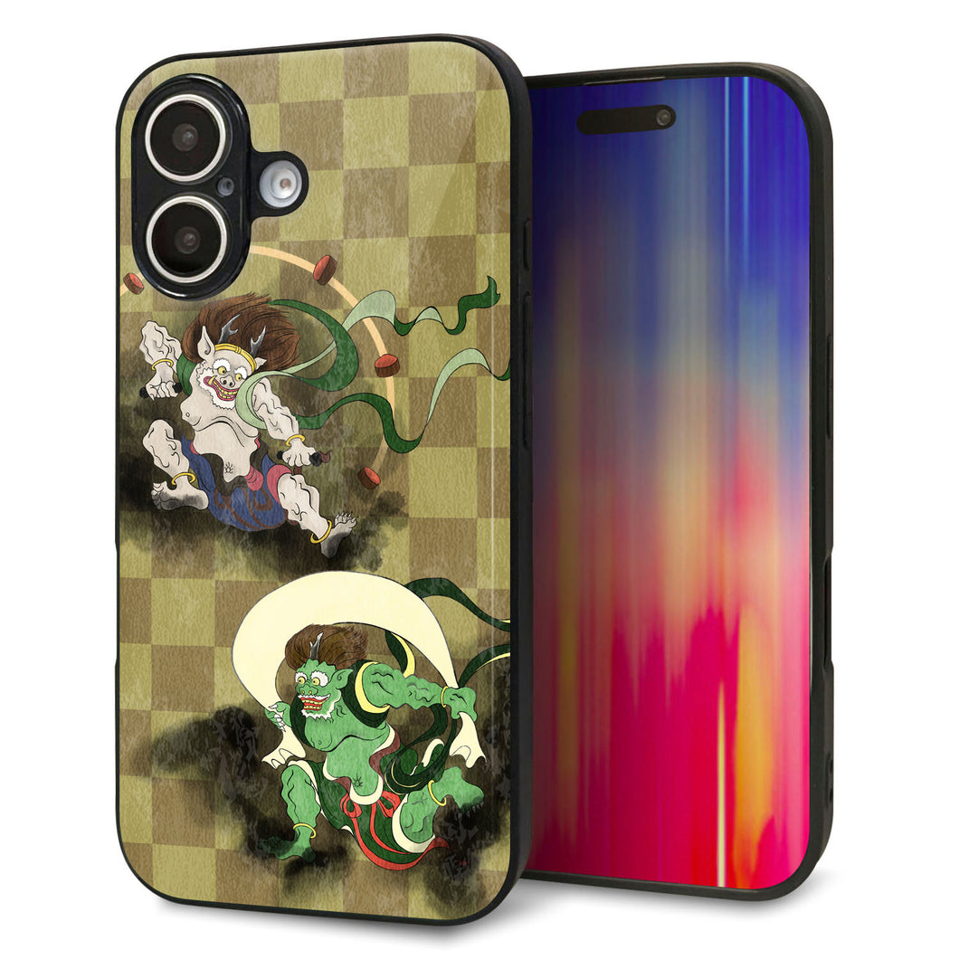 iPhone16 強化ガラス＆TPUスマホケース ガラプリ【HA236 風神雷神 金市松】