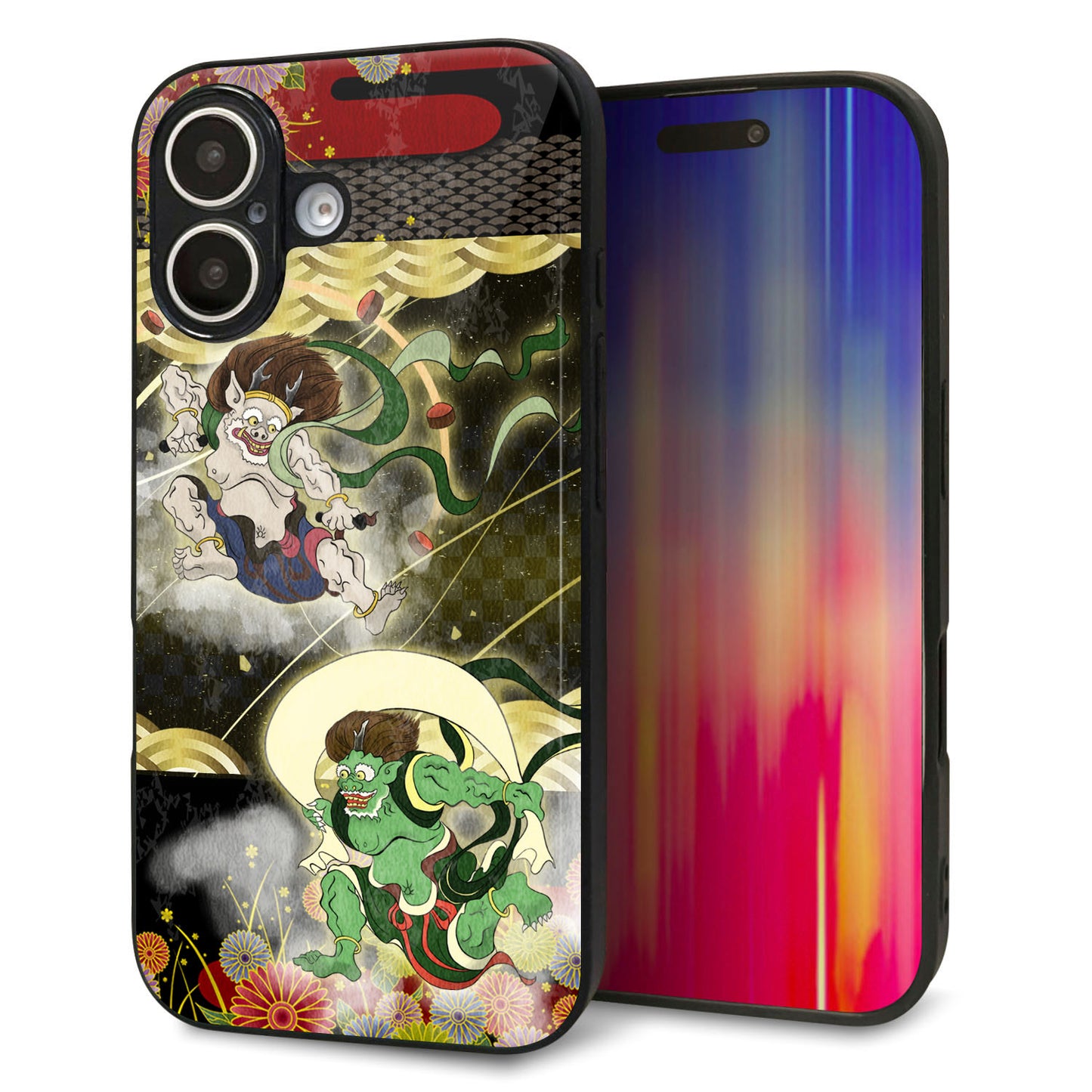 iPhone16 強化ガラス＆TPUスマホケース ガラプリ【HA238 風神雷神 和柄】