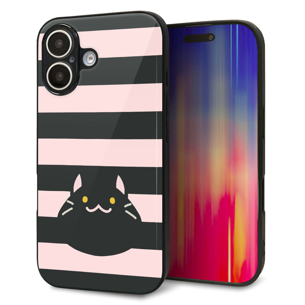 iPhone16 強化ガラス＆TPUスマホケース ガラプリ【HA249 もちねこ クロ】