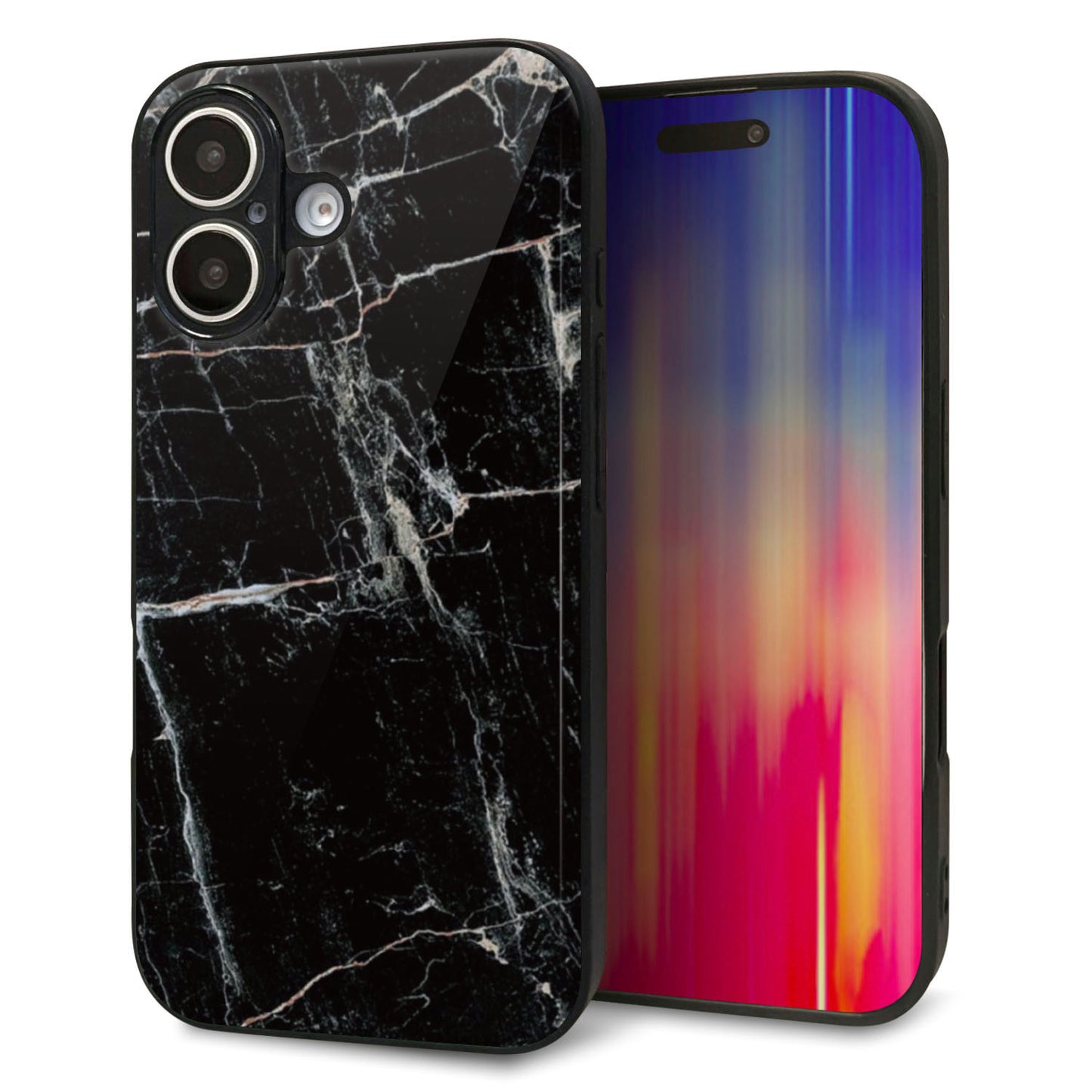 iPhone16 強化ガラス＆TPUスマホケース ガラプリ【KM867 大理石BK】