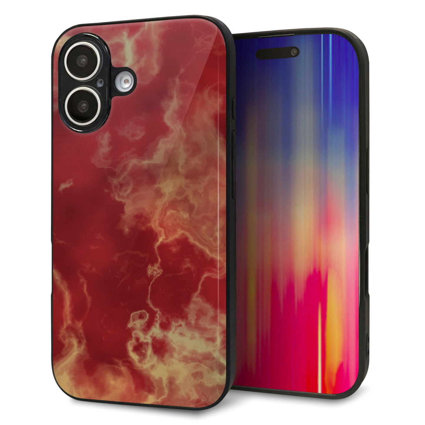 iPhone16 強化ガラス＆TPUスマホケース ガラプリ【KM870 大理石RD】