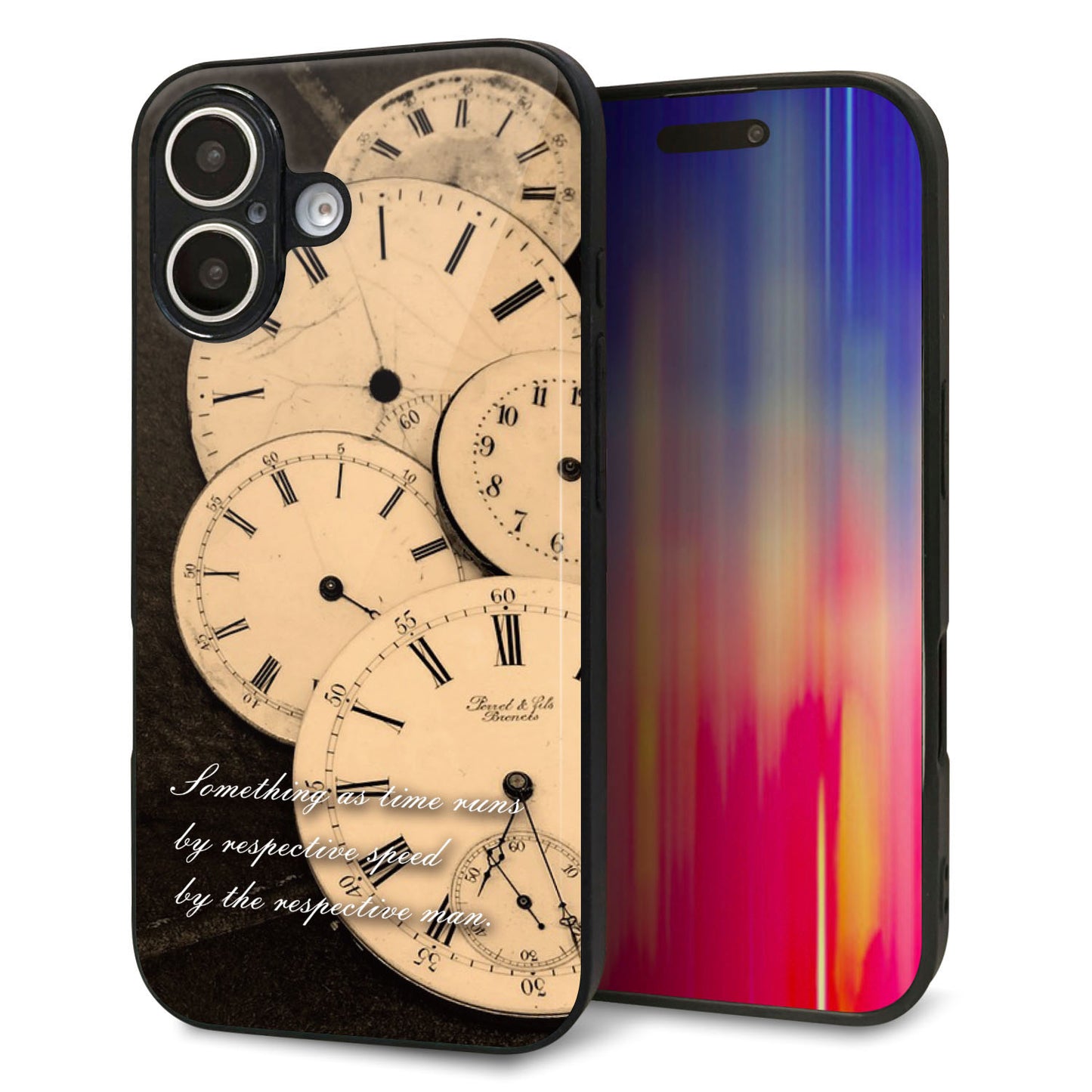 iPhone16 強化ガラス＆TPUスマホケース ガラプリ【KM874 時計】