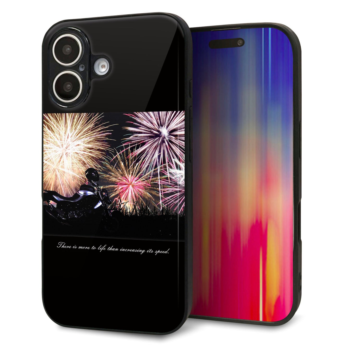 iPhone16 強化ガラス＆TPUスマホケース ガラプリ【KM878 バイクと花火】