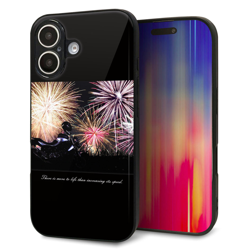 iPhone16 強化ガラス＆TPUスマホケース ガラプリ【KM878 バイクと花火】