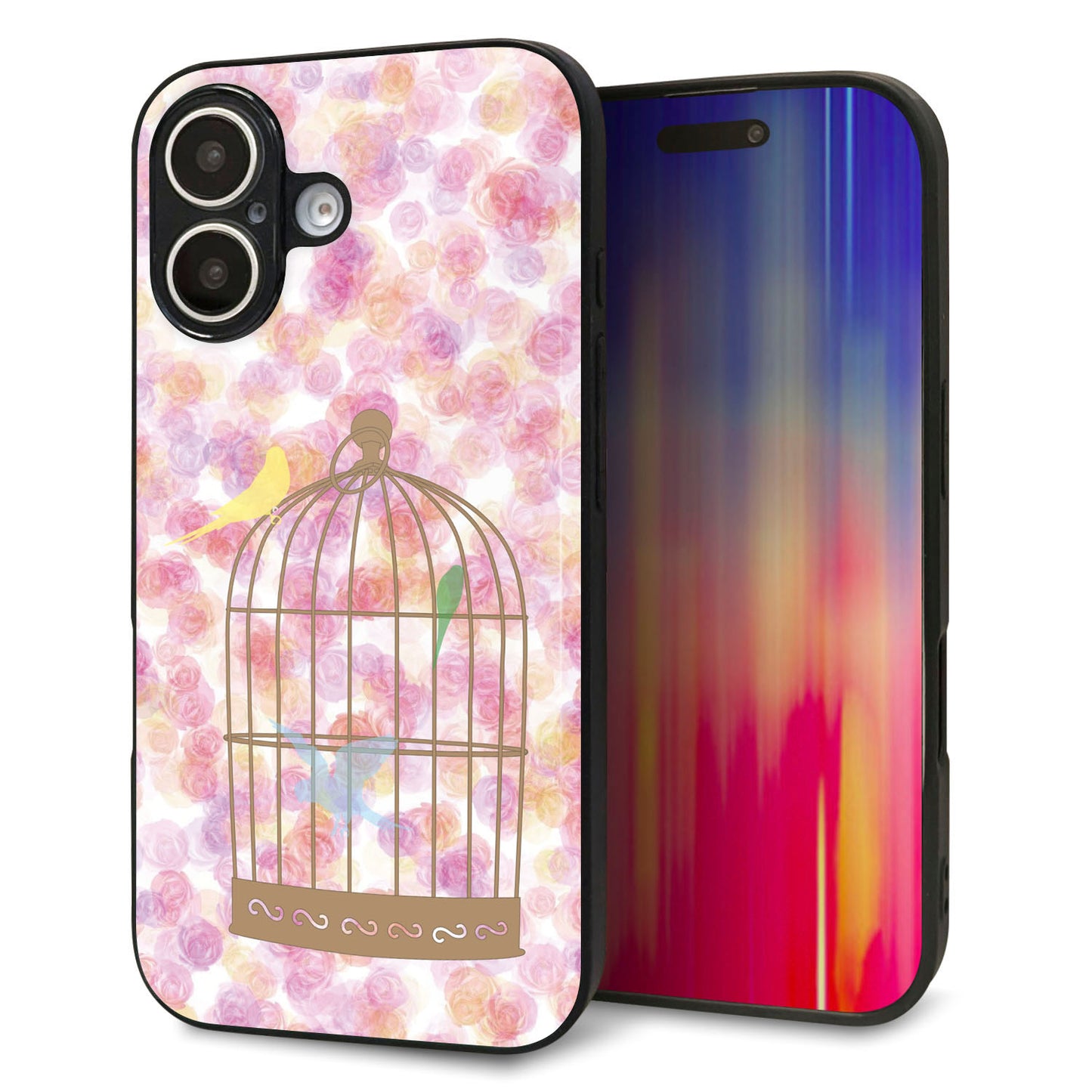 iPhone16 強化ガラス＆TPUスマホケース ガラプリ【KM882 鳥かご】