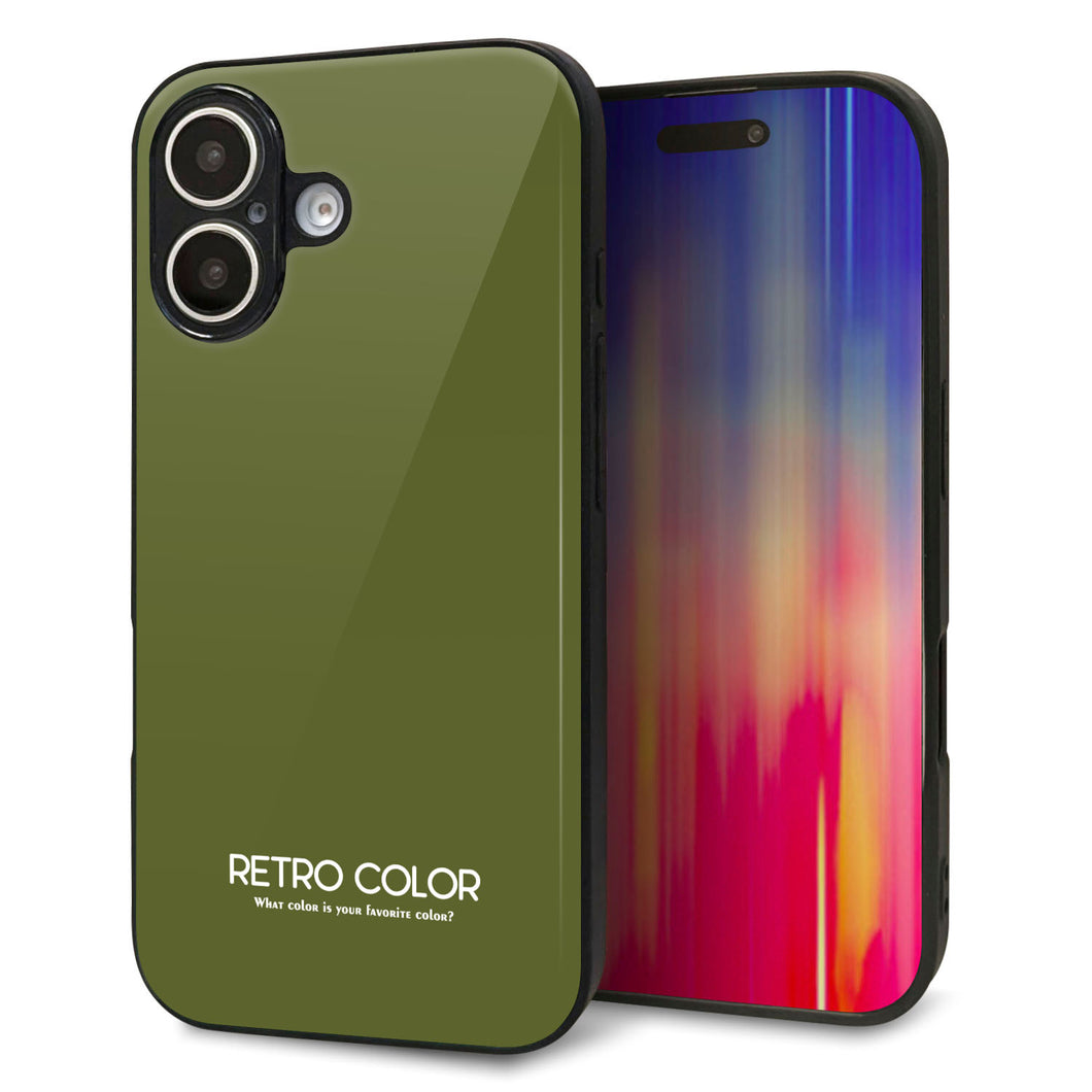 iPhone16 強化ガラス＆TPUスマホケース ガラプリ【KM916 レトロカラー(カーキ)】