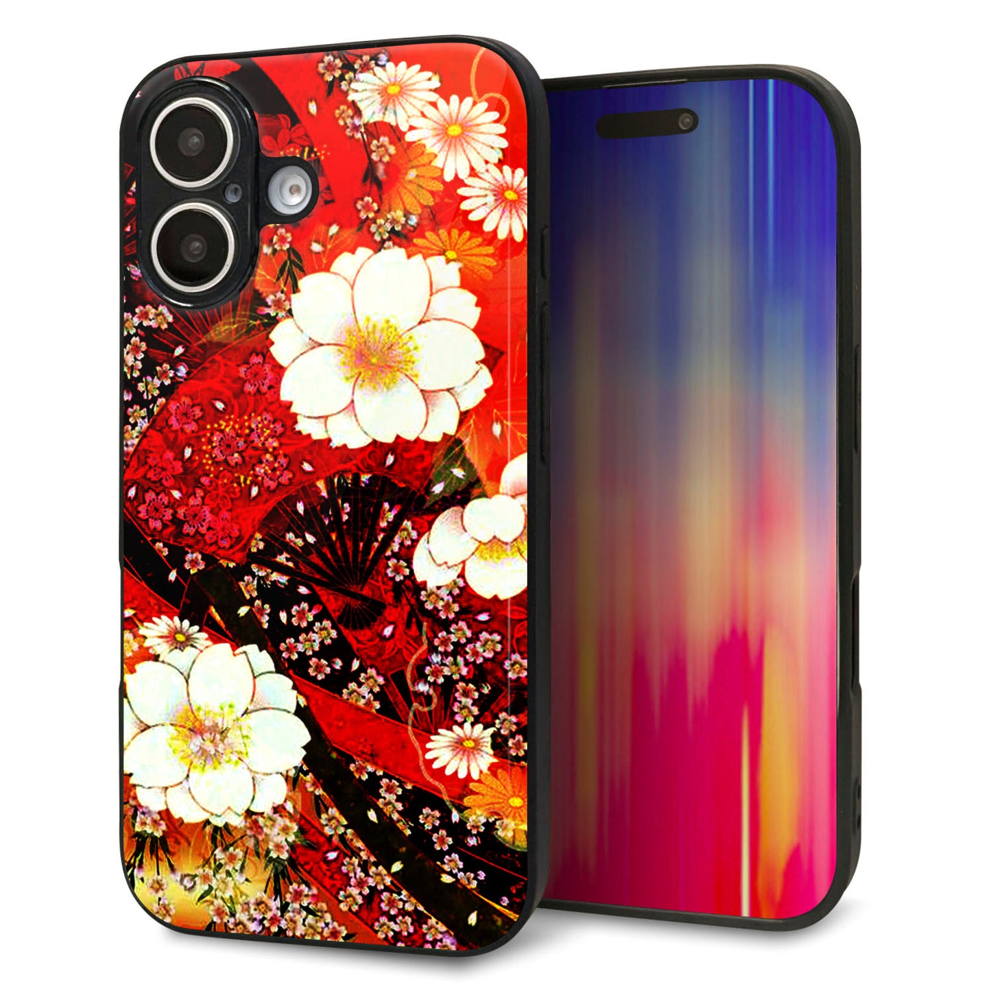 iPhone16 強化ガラス＆TPUスマホケース ガラプリ【MA960 和柄 花 B】