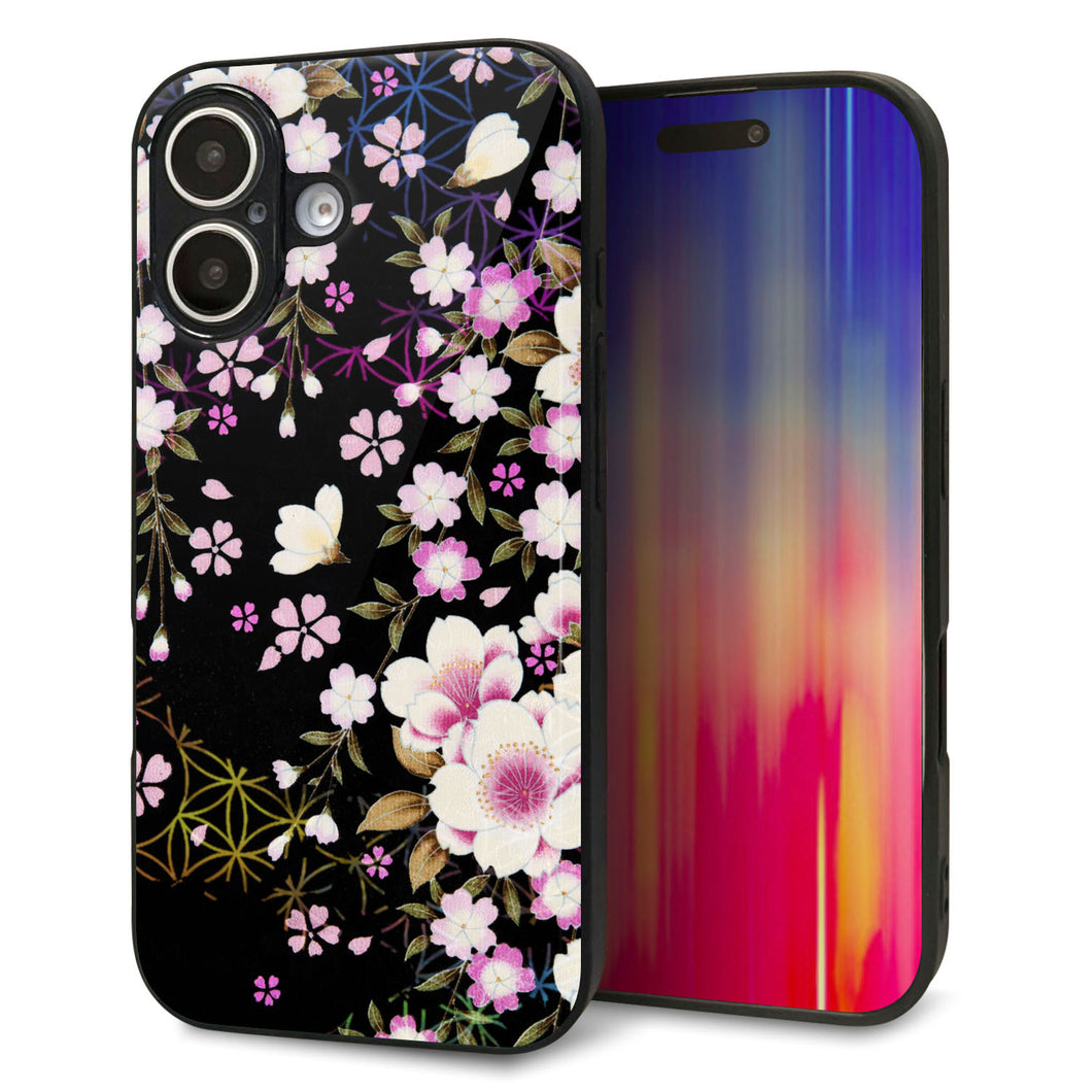 iPhone16 強化ガラス＆TPUスマホケース ガラプリ【MA961 和柄 花 C】