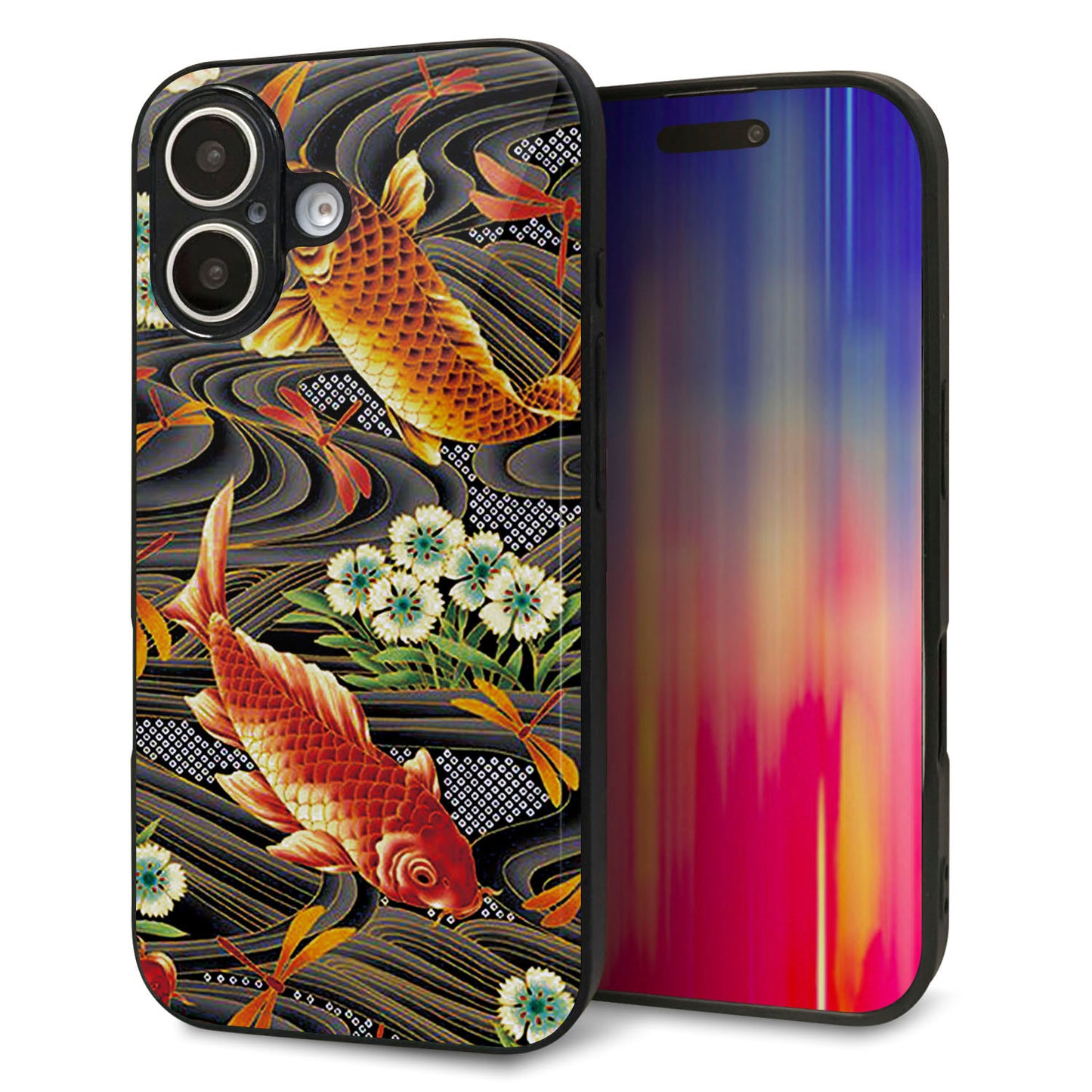 iPhone16 強化ガラス＆TPUスマホケース ガラプリ【MA963 着物柄 鶴鯉 A】