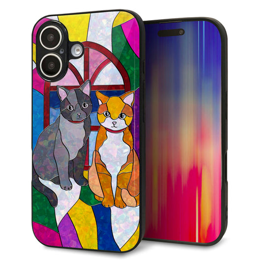 iPhone16 強化ガラス＆TPUスマホケース ガラプリ【MA995 ステンドグラス ネコ】