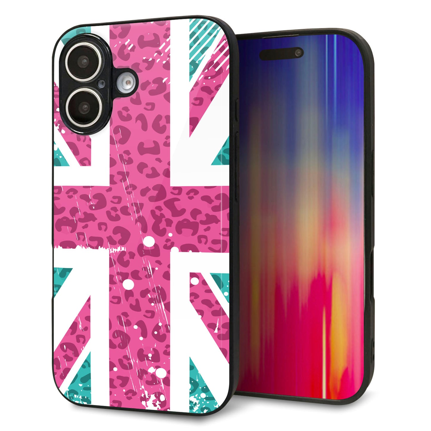 iPhone16 強化ガラス＆TPUスマホケース ガラプリ【SC807 ユニオンジャック ピンクヒョウ柄】