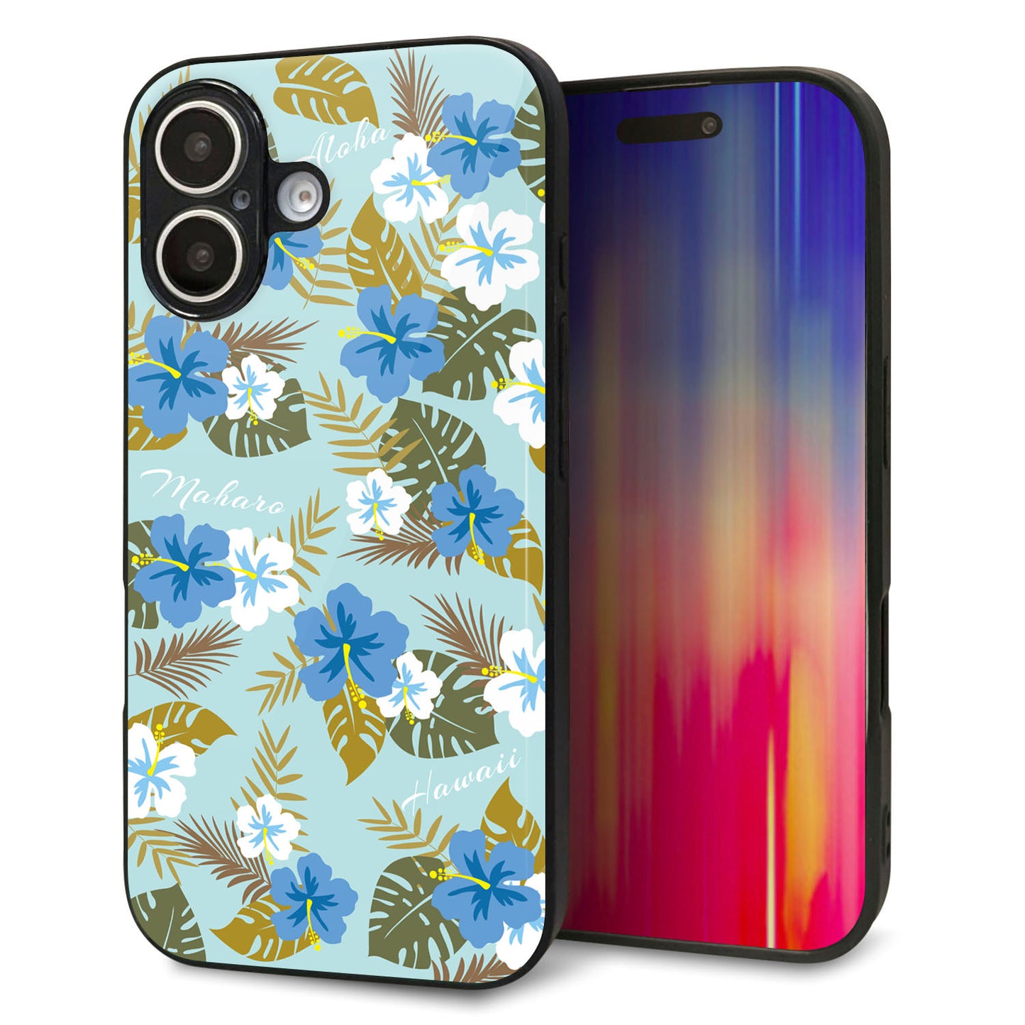 iPhone16 強化ガラス＆TPUスマホケース ガラプリ【SC883 ハワイアンアロハレトロ（ブルー）】