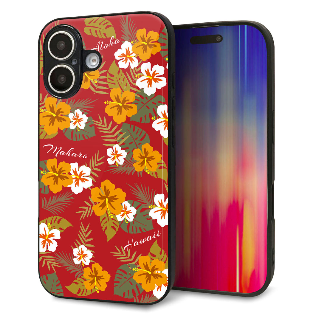iPhone16 強化ガラス＆TPUスマホケース ガラプリ【SC885 ハワイアンアロハレトロ（レッド）】