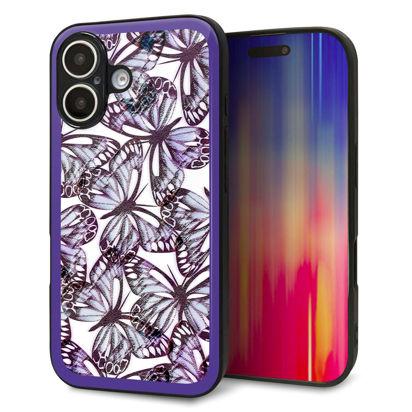 iPhone16 強化ガラス＆TPUスマホケース ガラプリ【SC903 ガーデンバタフライ パープル】