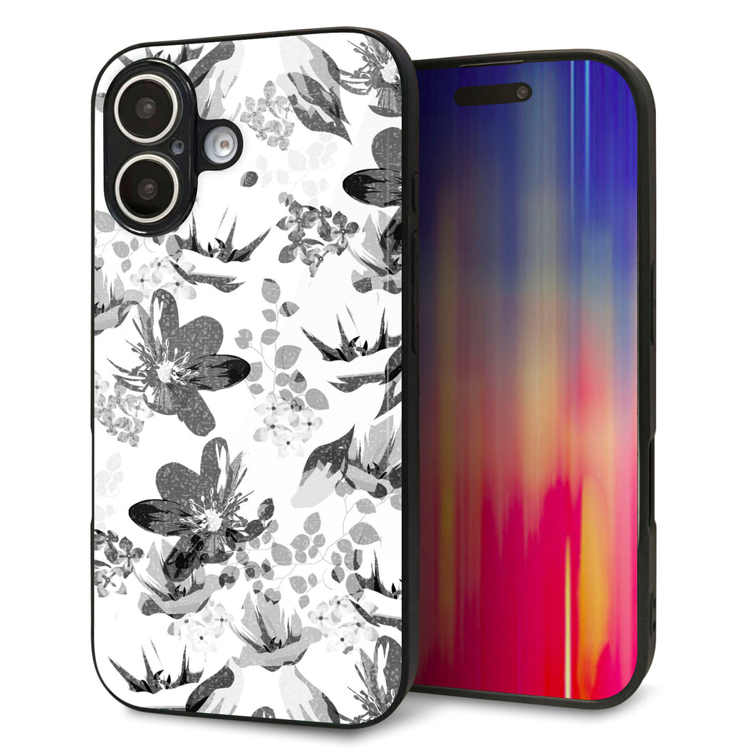 iPhone16 強化ガラス＆TPUスマホケース ガラプリ【SC914 花柄モノトーン 03】