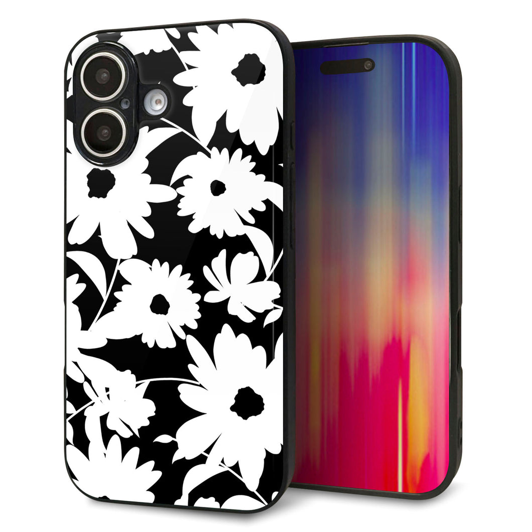 iPhone16 強化ガラス＆TPUスマホケース ガラプリ【SC915 花柄モノトーン 04】
