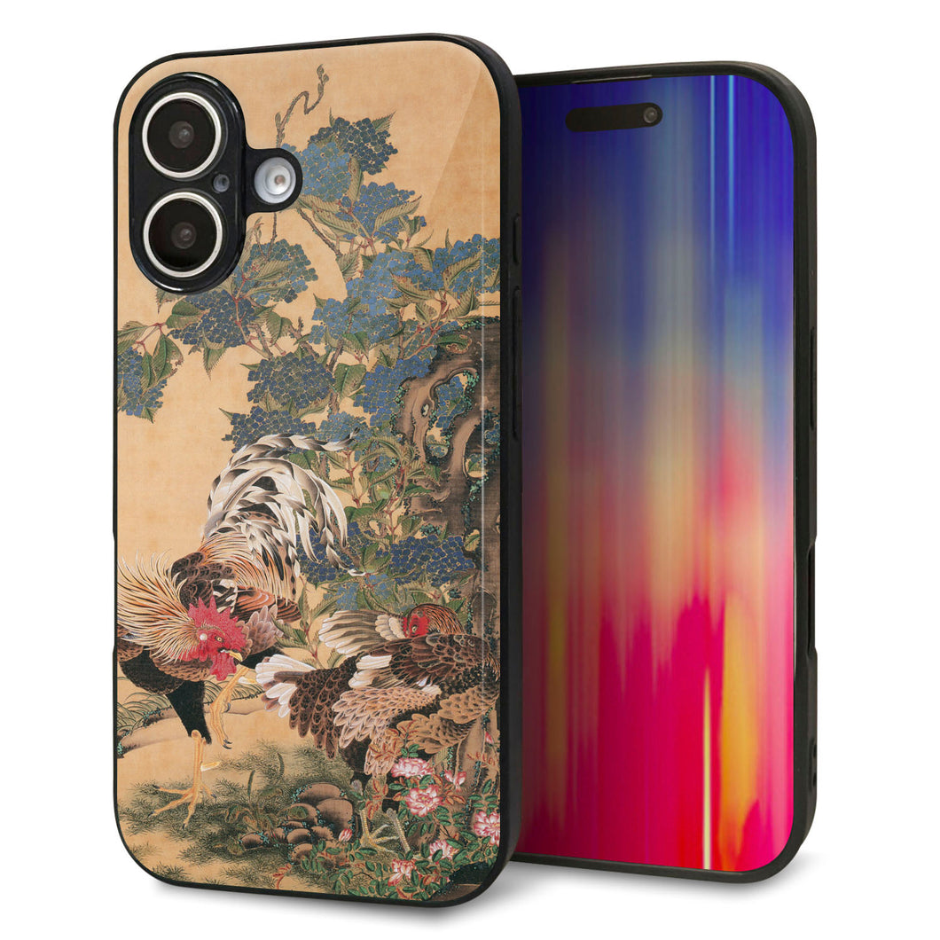 iPhone16 強化ガラス＆TPUスマホケース ガラプリ【TA006 紫陽花双鶏】