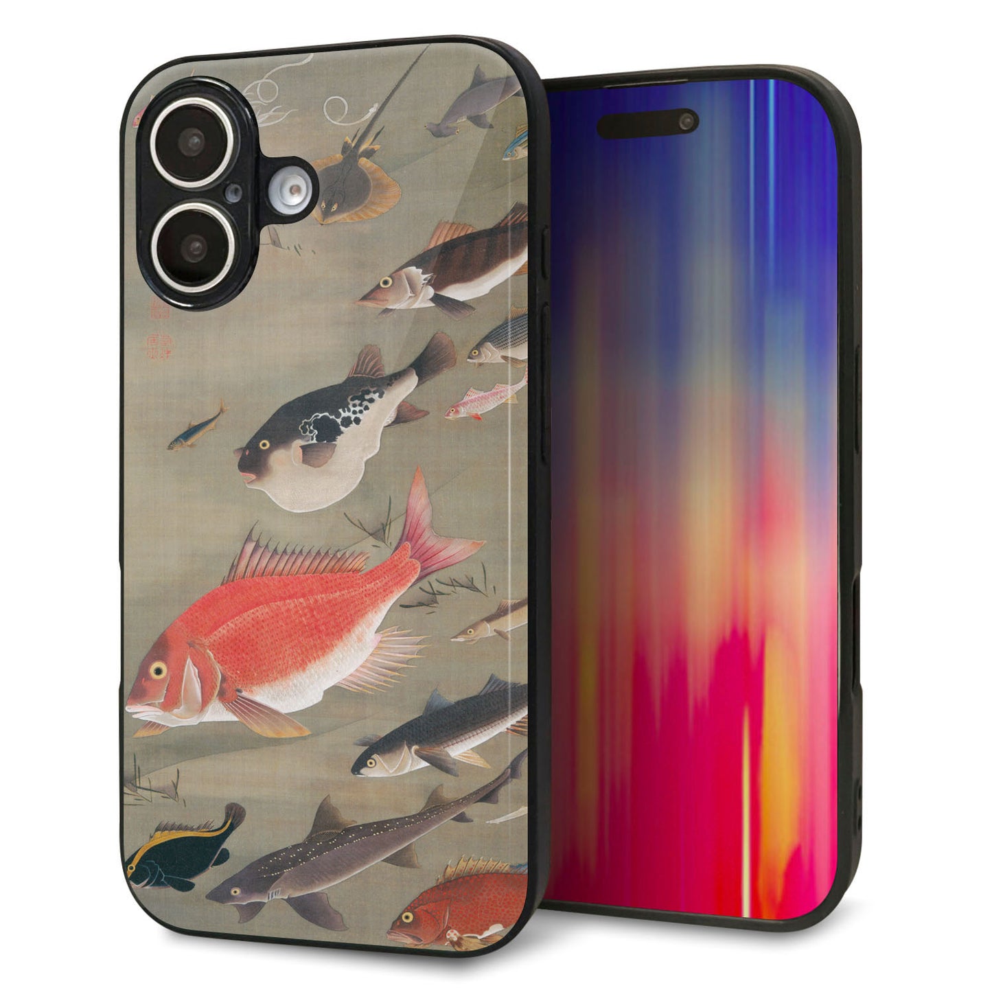 iPhone16 強化ガラス＆TPUスマホケース ガラプリ【TA007 群魚】