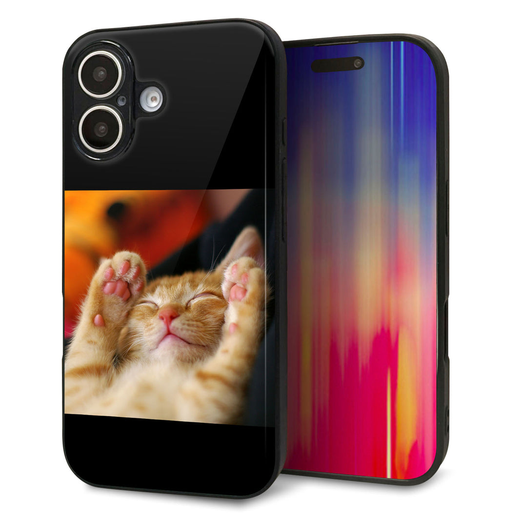 iPhone16 強化ガラス＆TPUスマホケース ガラプリ【VA804 爆睡するネコ】