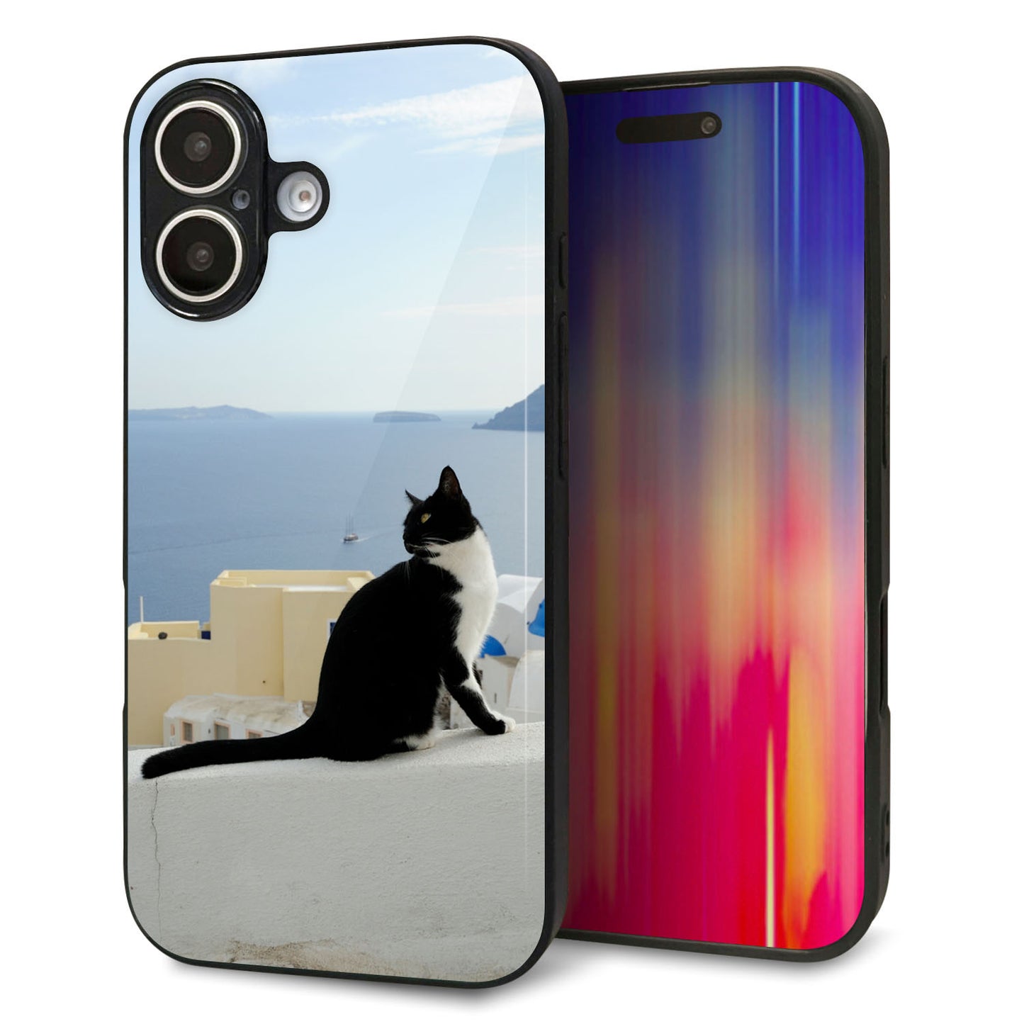 iPhone16 強化ガラス＆TPUスマホケース ガラプリ【VA805 ネコと地中海】