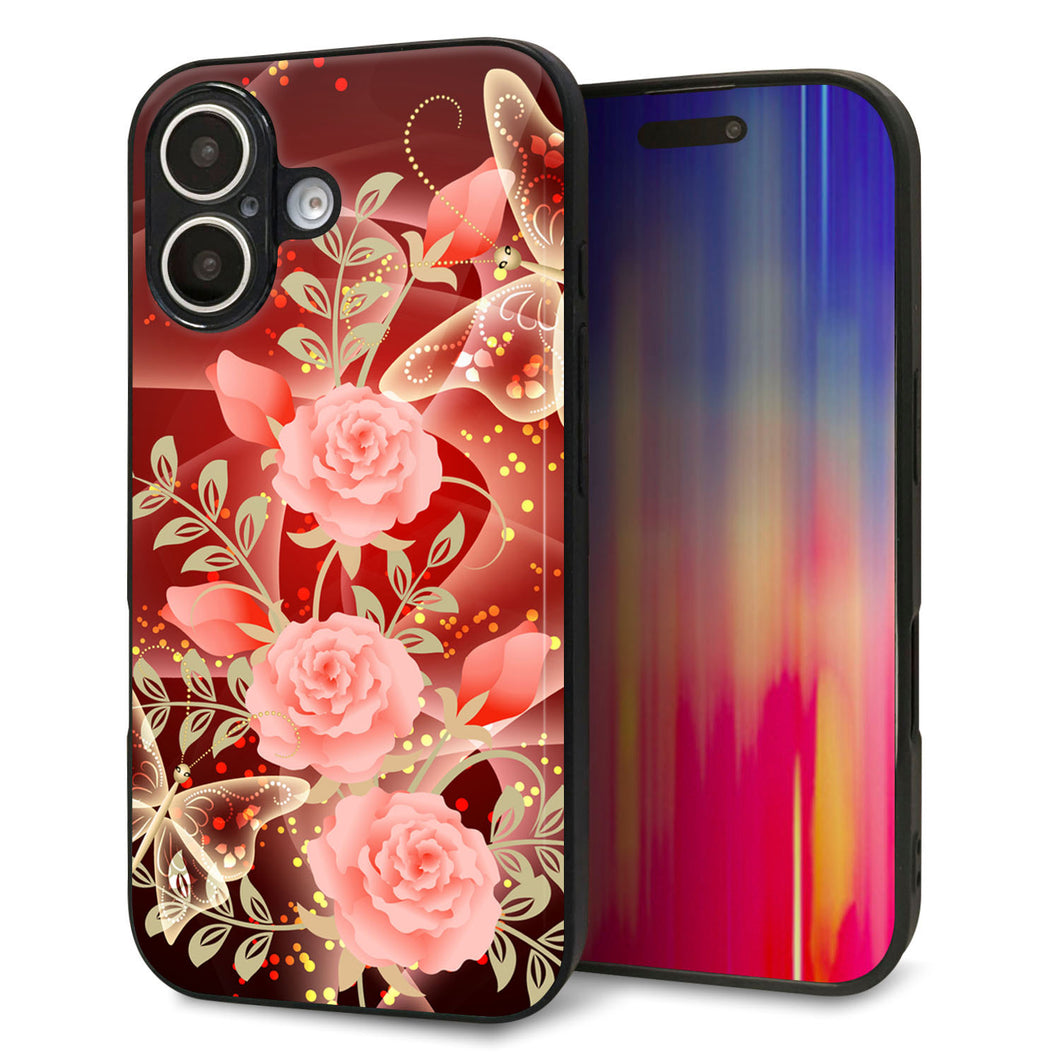 iPhone16 強化ガラス＆TPUスマホケース ガラプリ【VA824 魅惑の蝶とピンクのバラ】