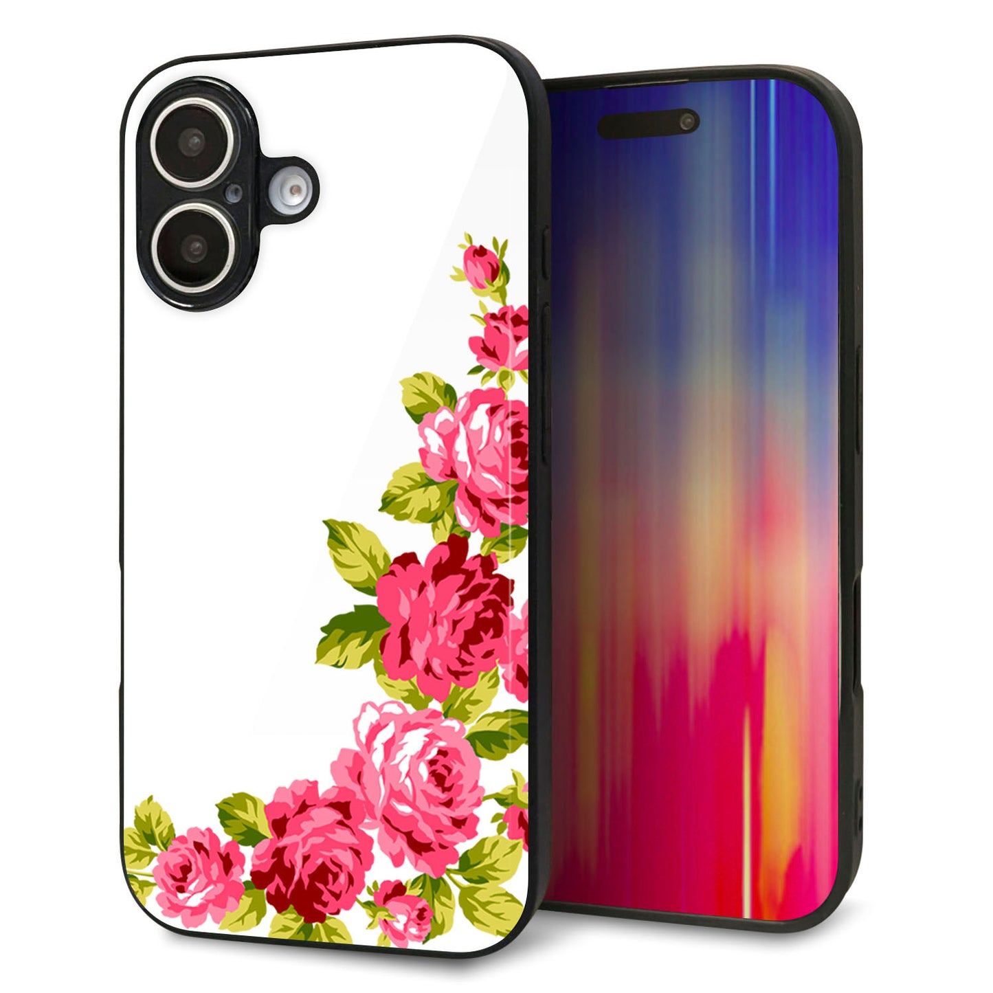 iPhone16 強化ガラス＆TPUスマホケース ガラプリ【VA825 バラのフレーム(白)】