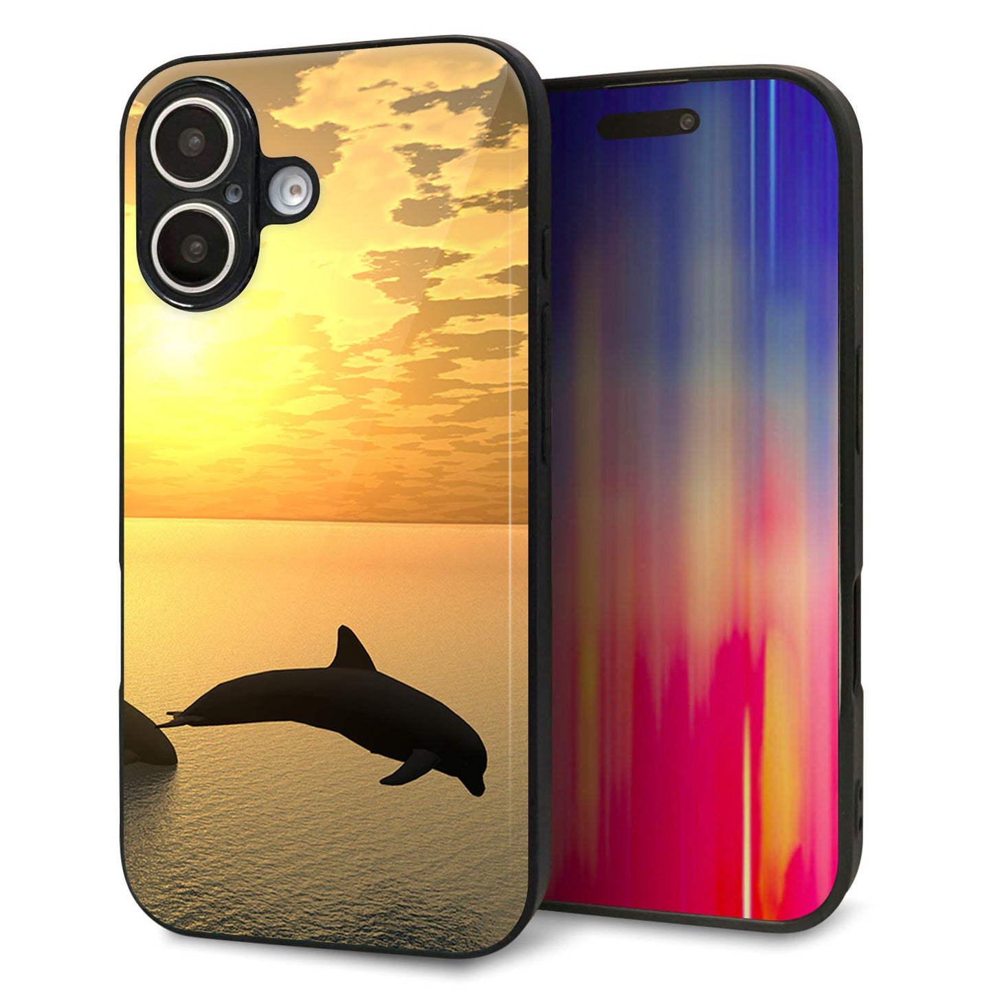 iPhone16 強化ガラス＆TPUスマホケース ガラプリ【VA845 夕暮れのドルフィン】