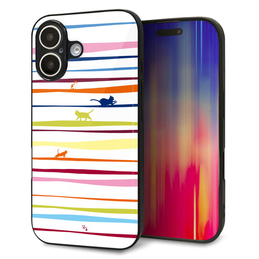 iPhone16 強化ガラス＆TPUスマホケース ガラプリ【YA893 ストライプネコ02 L】