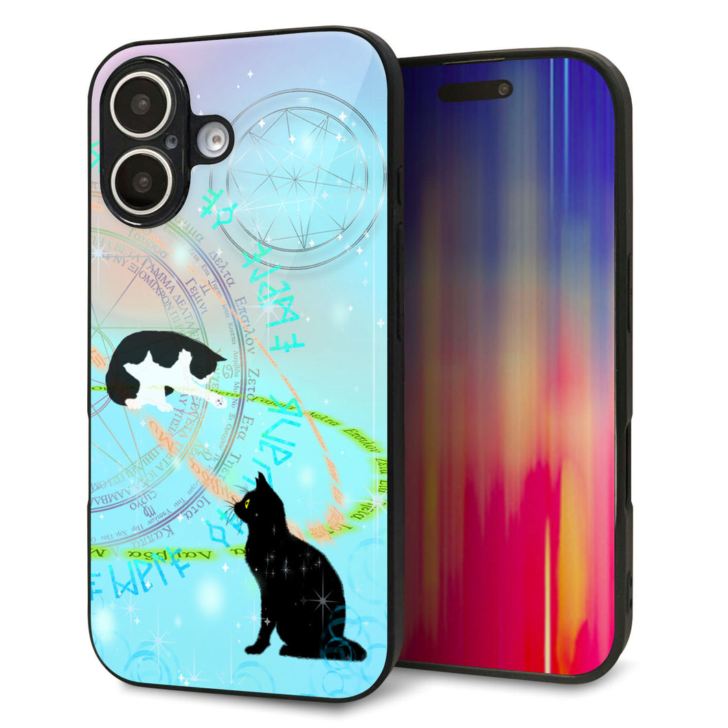 iPhone16 強化ガラス＆TPUスマホケース ガラプリ【YJ329 魔法陣猫 キラキラ パステル】