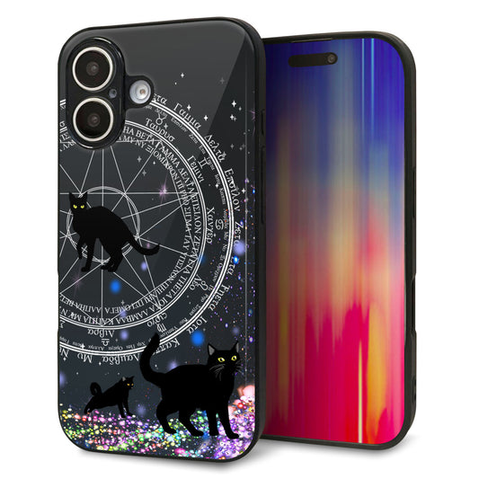 iPhone16 強化ガラス＆TPUスマホケース ガラプリ【YJ330 魔法陣猫 キラキラ 黒猫】