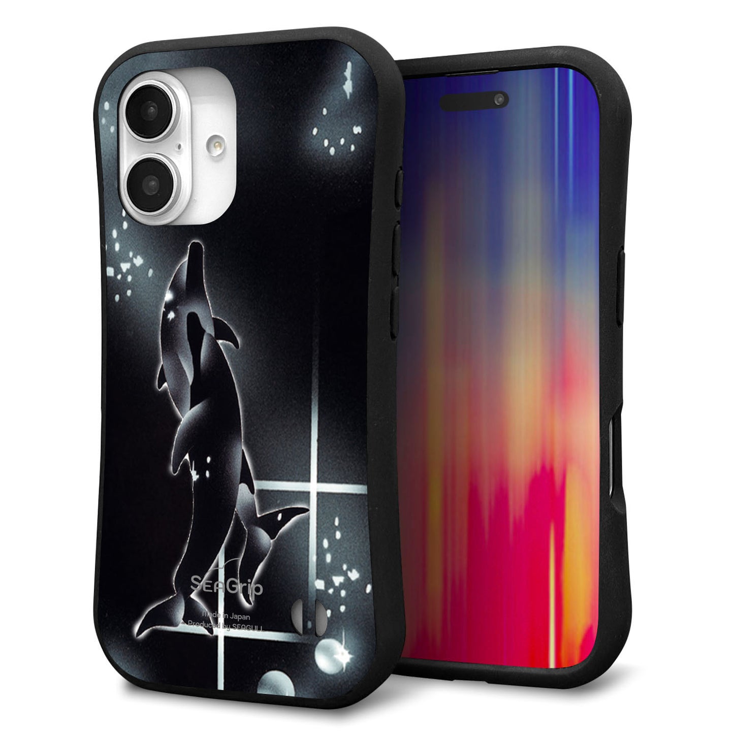 iPhone16 スマホケース 「SEA Grip」 グリップケース Sライン 【158 ブラックドルフィン】 UV印刷
