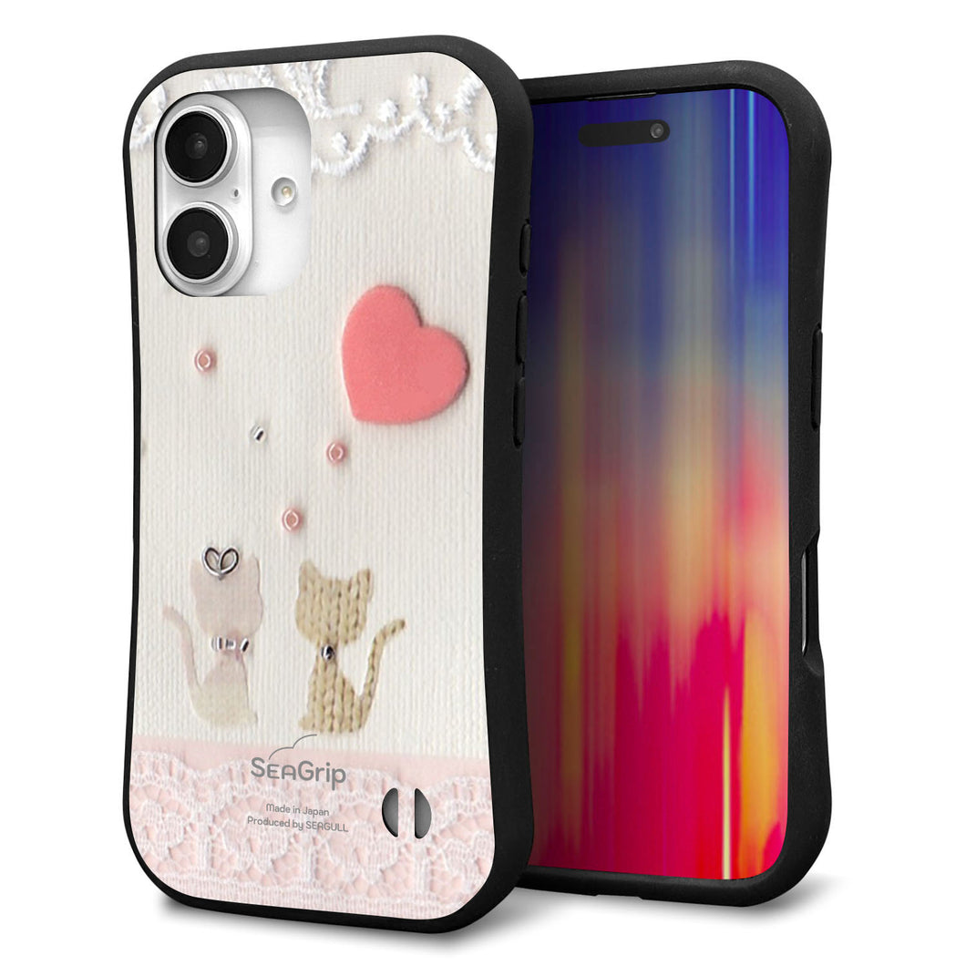 iPhone16 スマホケース 「SEA Grip」 グリップケース Sライン 【1104 クラフト写真ネコ（ハートM）】 UV印刷