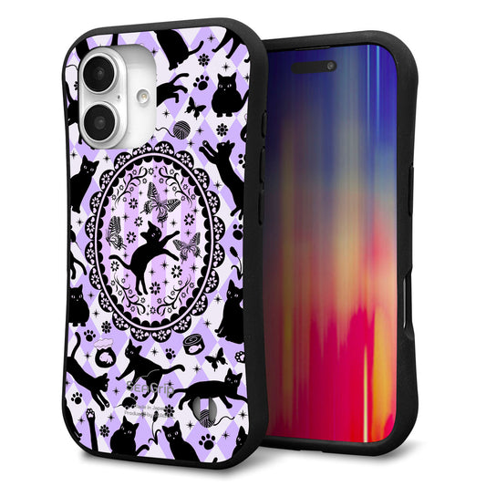 iPhone16 スマホケース 「SEA Grip」 グリップケース Sライン 【AG879 ネコがいっぱいダイヤ柄 パープル】 UV印刷