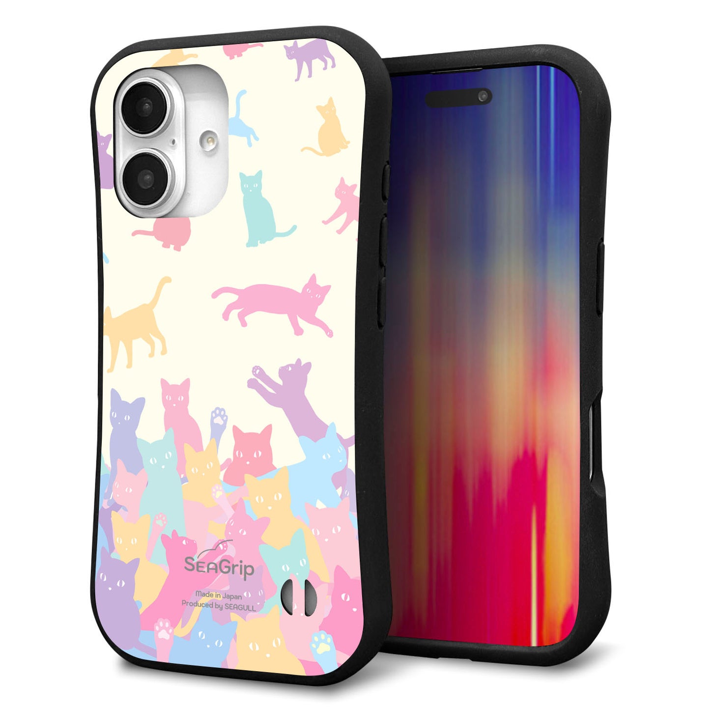 iPhone16 スマホケース 「SEA Grip」 グリップケース Sライン 【AG885 ネコ積もり マルチカラー】 UV印刷