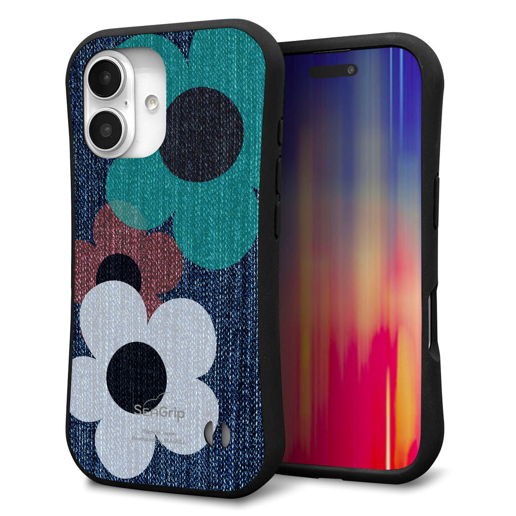 iPhone16 スマホケース 「SEA Grip」 グリップケース Sライン 【EK869 ルーズフラワーinデニム風】 UV印刷