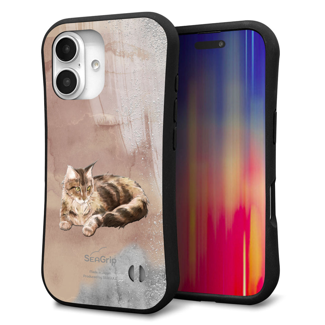 iPhone16 スマホケース 「SEA Grip」 グリップケース Sライン 【HA173 メインクーン+くすみカラー】 UV印刷