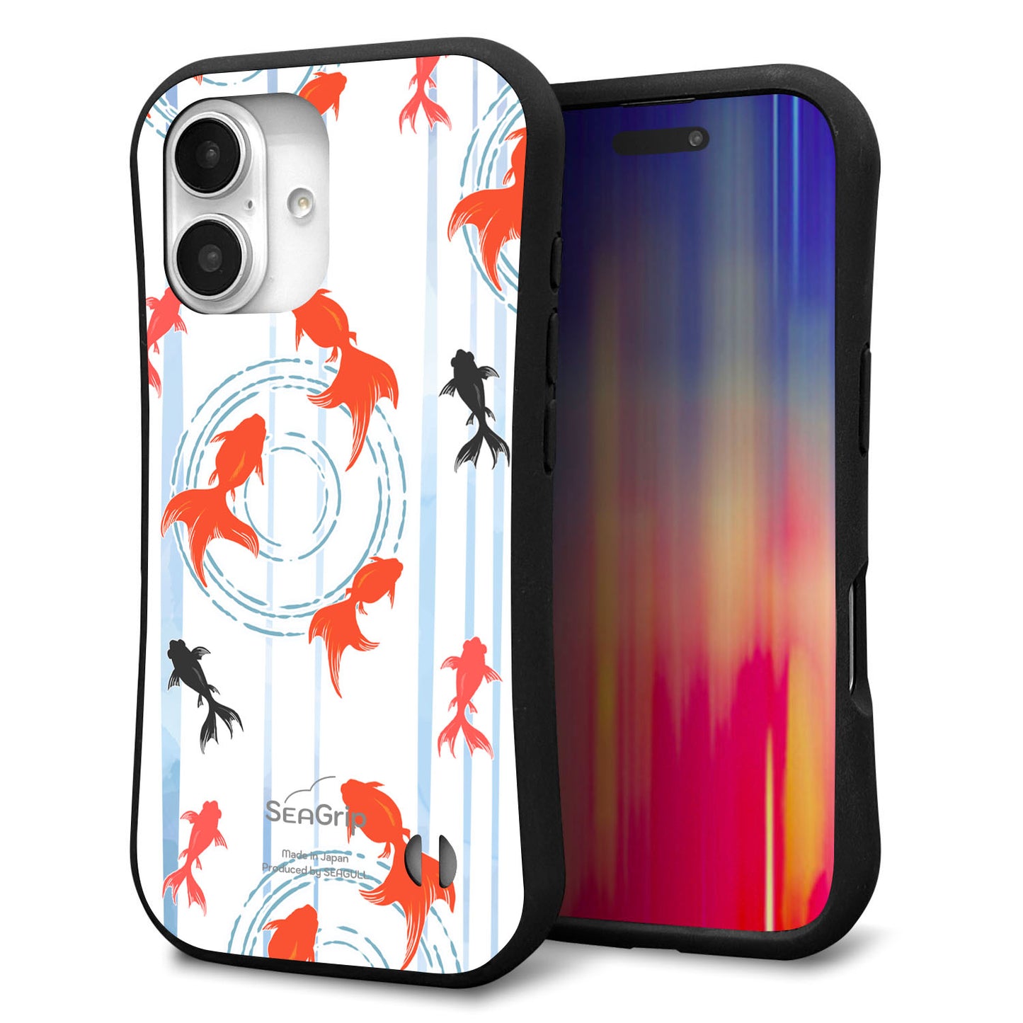 iPhone16 スマホケース 「SEA Grip」 グリップケース Sライン 【HA210 金魚 水彩ストライプ ブルー 】 UV印刷
