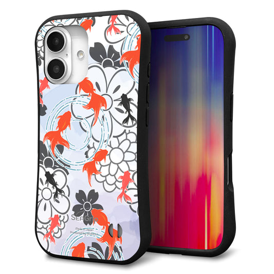 iPhone16 スマホケース 「SEA Grip」 グリップケース Sライン 【HA216 金魚 花柄 グレー 】 UV印刷