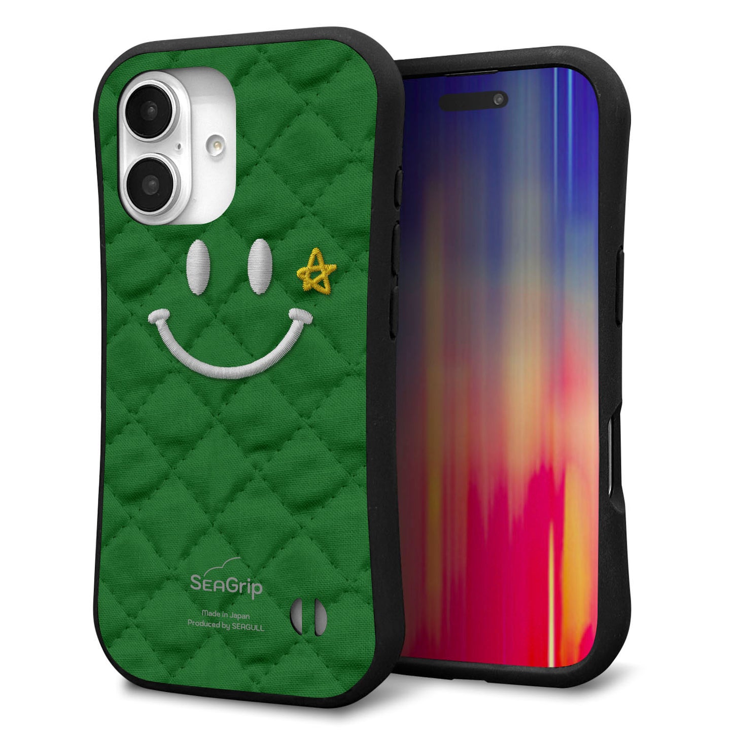 iPhone16 スマホケース 「SEA Grip」 グリップケース Sライン 【KM936 スマイル スター グリーン 】 UV印刷