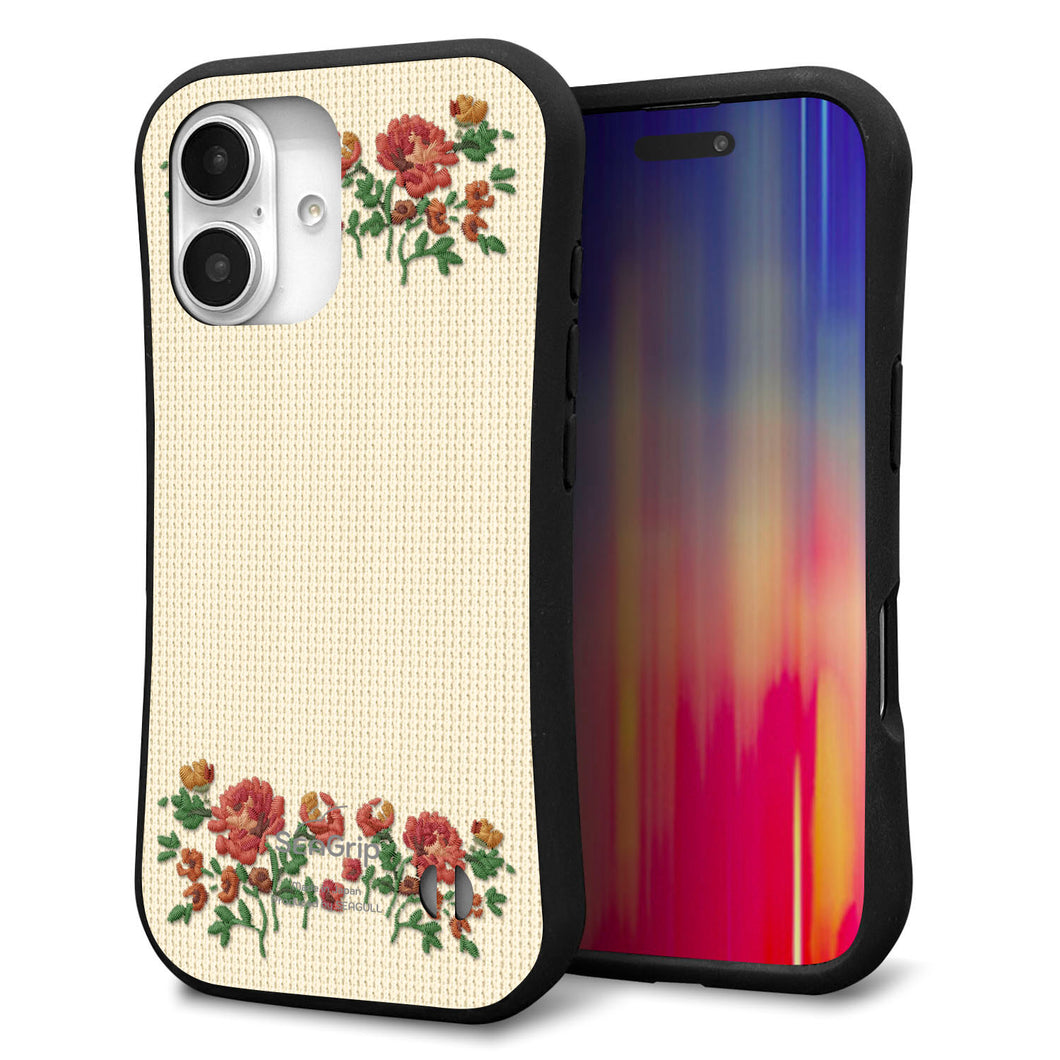 iPhone16 スマホケース 「SEA Grip」 グリップケース Sライン 【KM941 花刺繍風 レッドフラワー オフホワイト 】 UV印刷