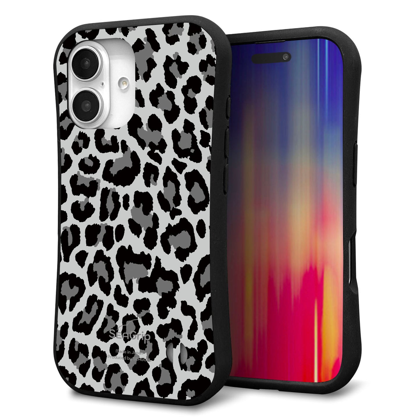 iPhone16 スマホケース 「SEA Grip」 グリップケース Sライン 【MA817 レオパード × グレー 】 UV印刷