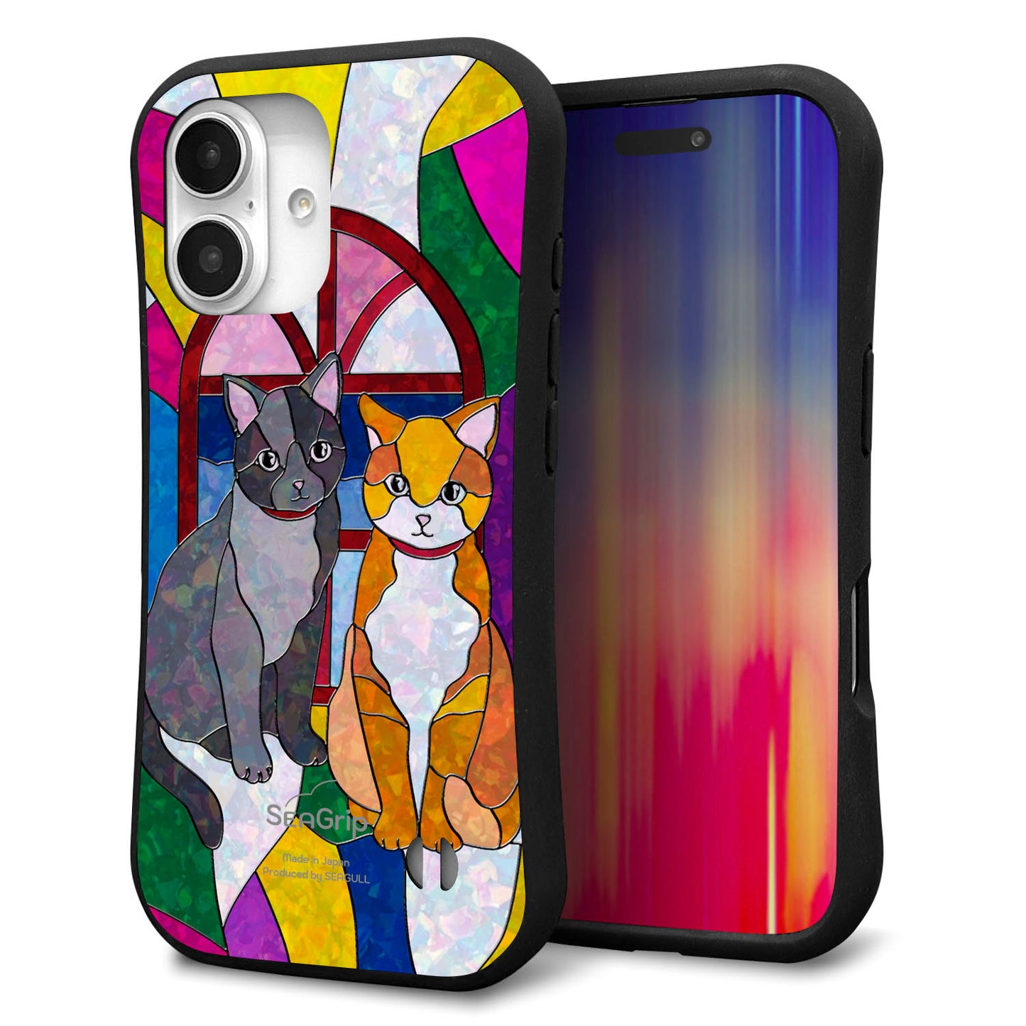 iPhone16 スマホケース 「SEA Grip」 グリップケース Sライン 【MA995 ステンドグラス ネコ】 UV印刷