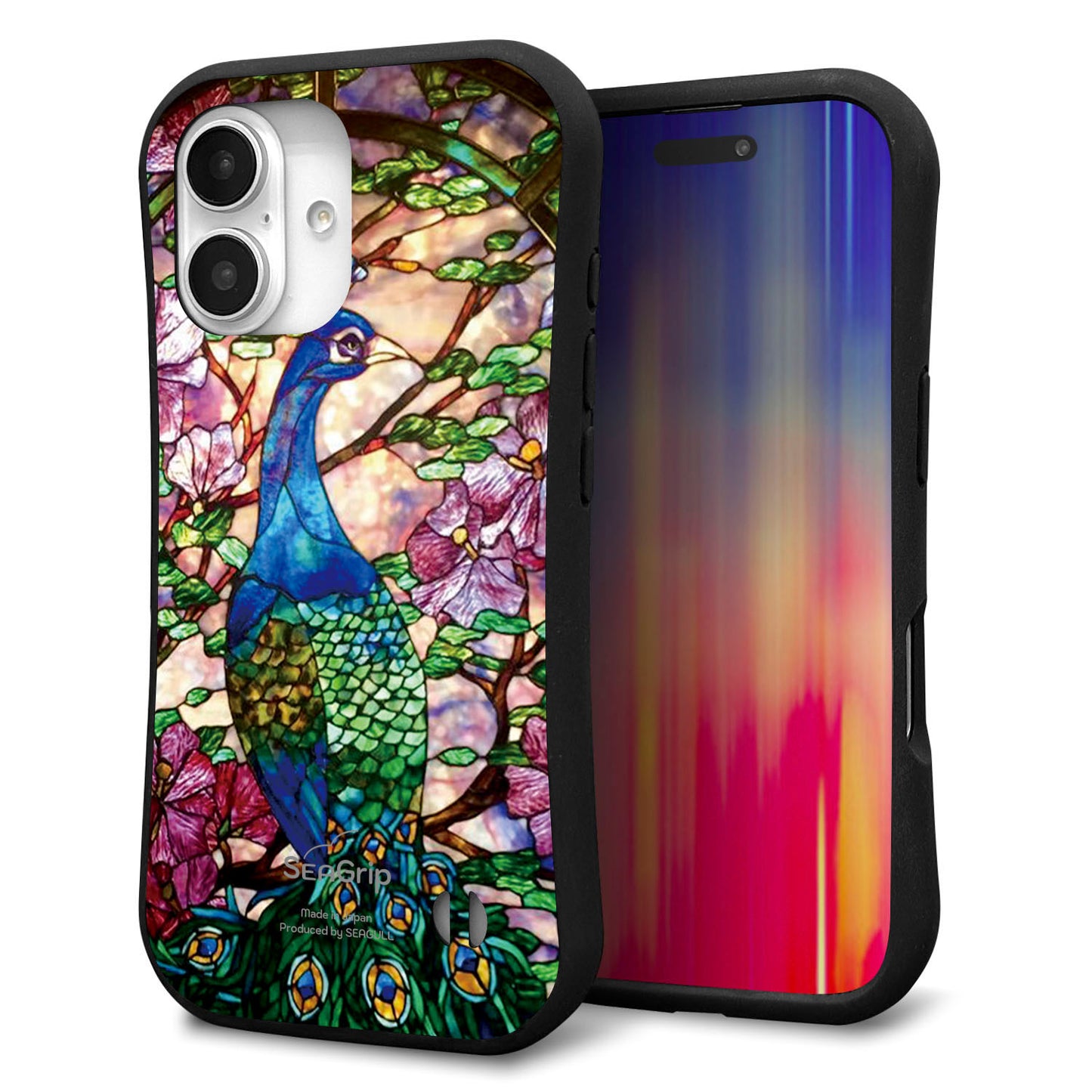 iPhone16 スマホケース 「SEA Grip」 グリップケース Sライン 【MA996 ステンドグラス クジャク】 UV印刷