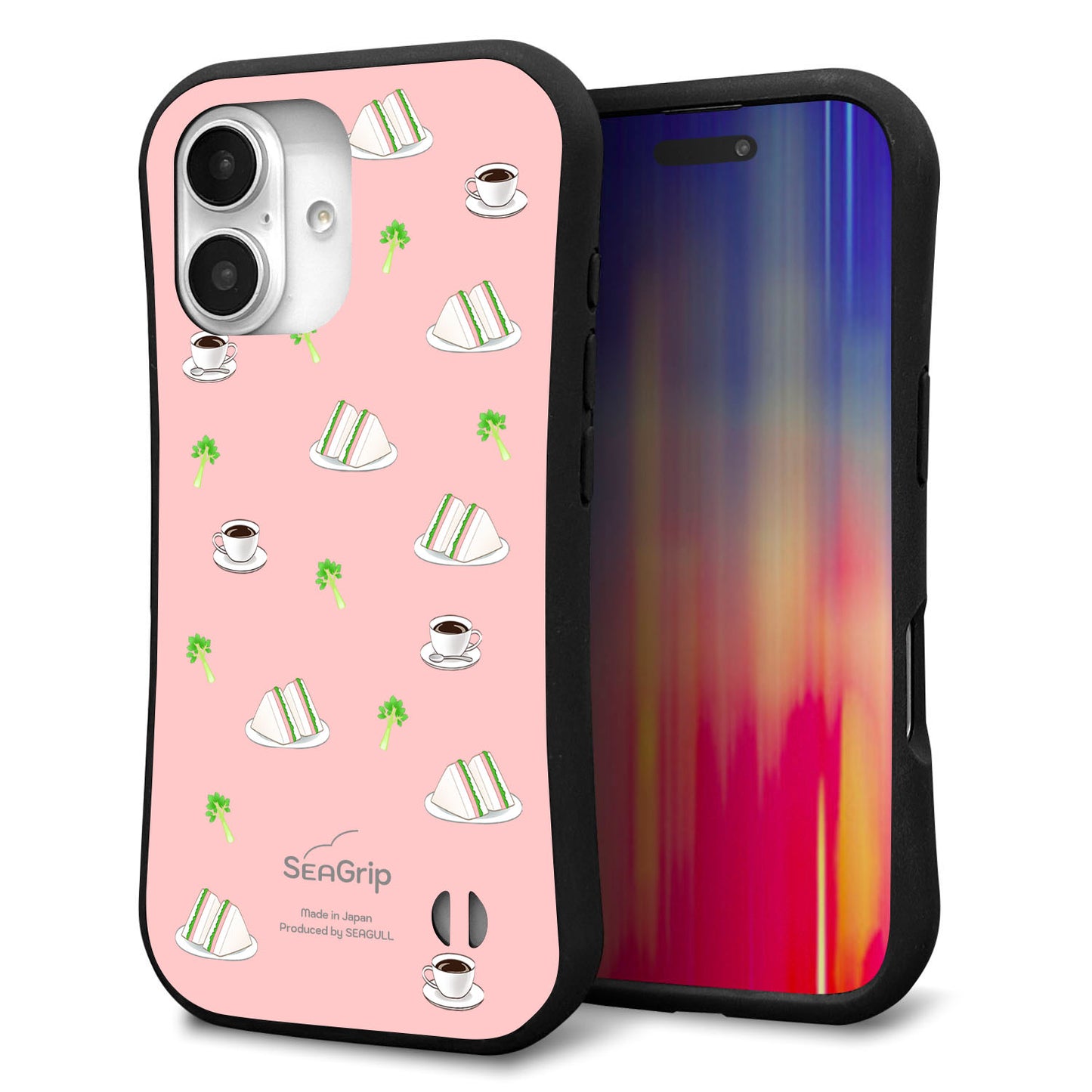 iPhone16 スマホケース 「SEA Grip」 グリップケース Sライン 【NA802 アムロサンドイッチプリント Aピンク】 UV印刷
