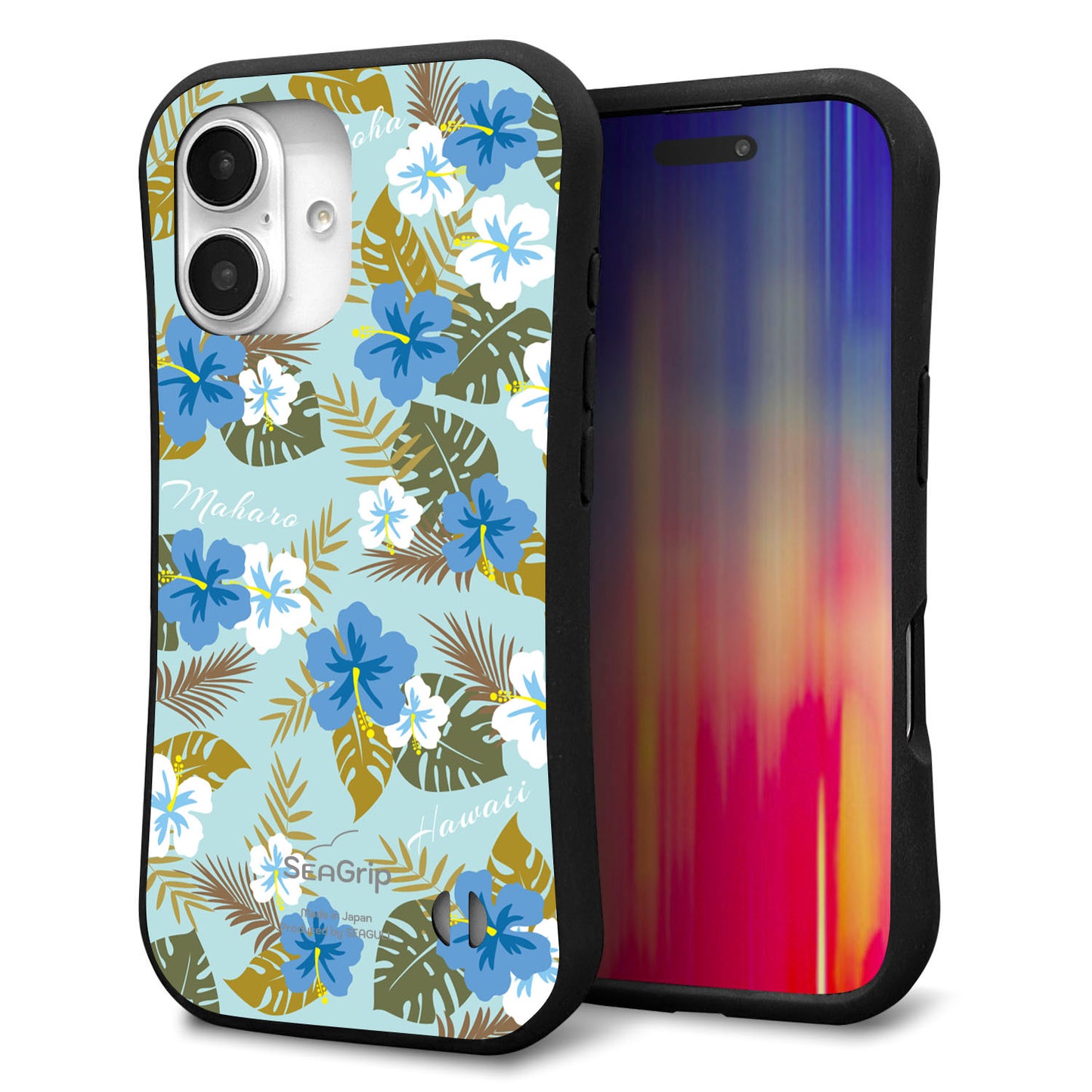 iPhone16 スマホケース 「SEA Grip」 グリップケース Sライン 【SC883 ハワイアンアロハレトロ（ブルー）】 UV印刷
