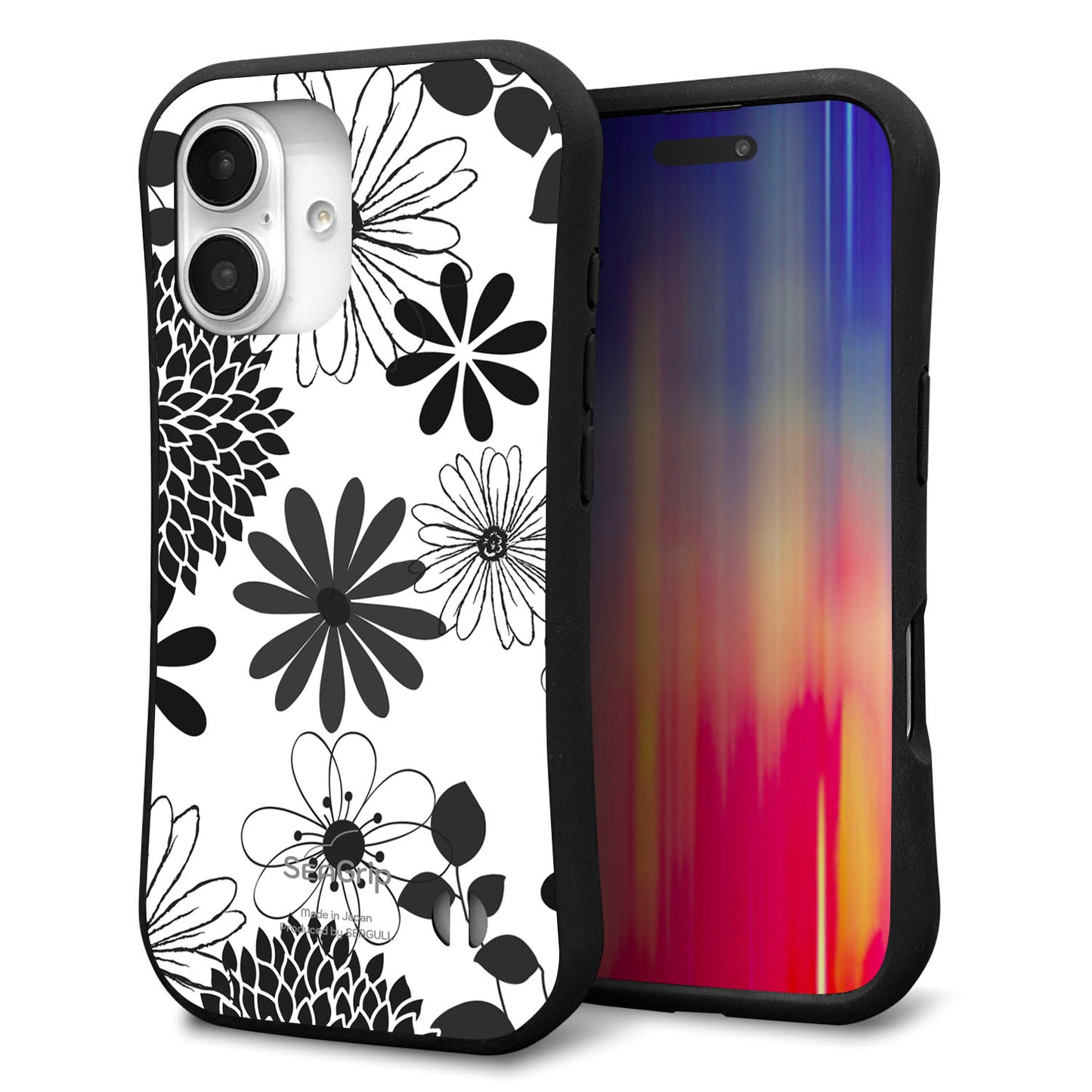 iPhone16 スマホケース 「SEA Grip」 グリップケース Sライン 【SC912 花柄モノトーン 01】 UV印刷