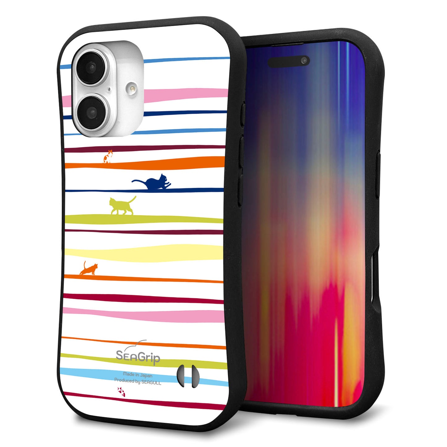iPhone16 スマホケース 「SEA Grip」 グリップケース Sライン 【YA893 ストライプネコ02 L】 UV印刷