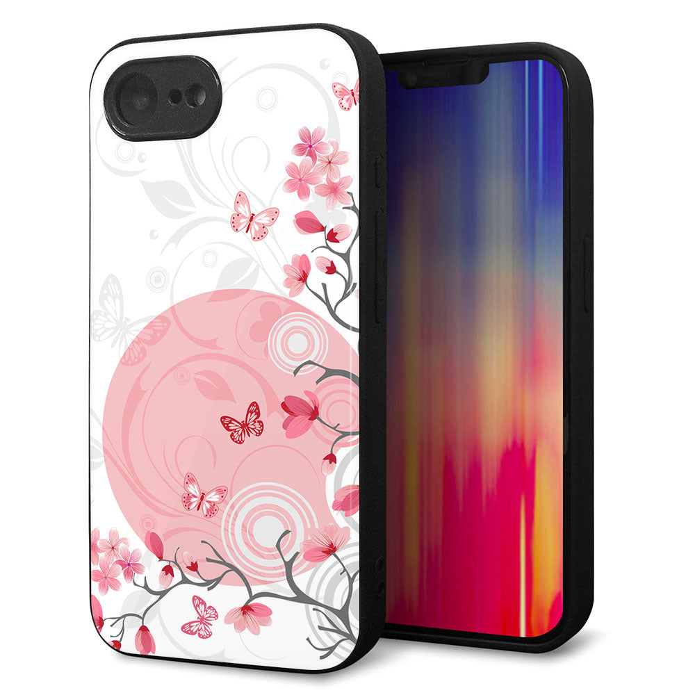 iPhone16e 強化ガラス＆TPUスマホケース ガラプリ【030 花と蝶（うす桃色）】