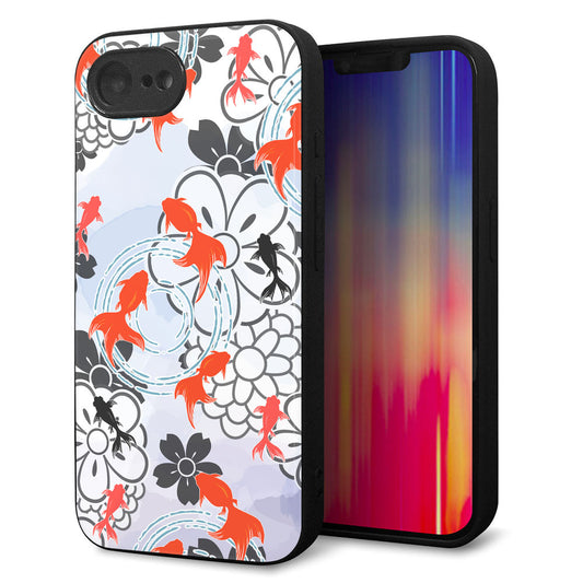 iPhone16e 強化ガラス＆TPUスマホケース ガラプリ【HA216 金魚 花柄 グレー】